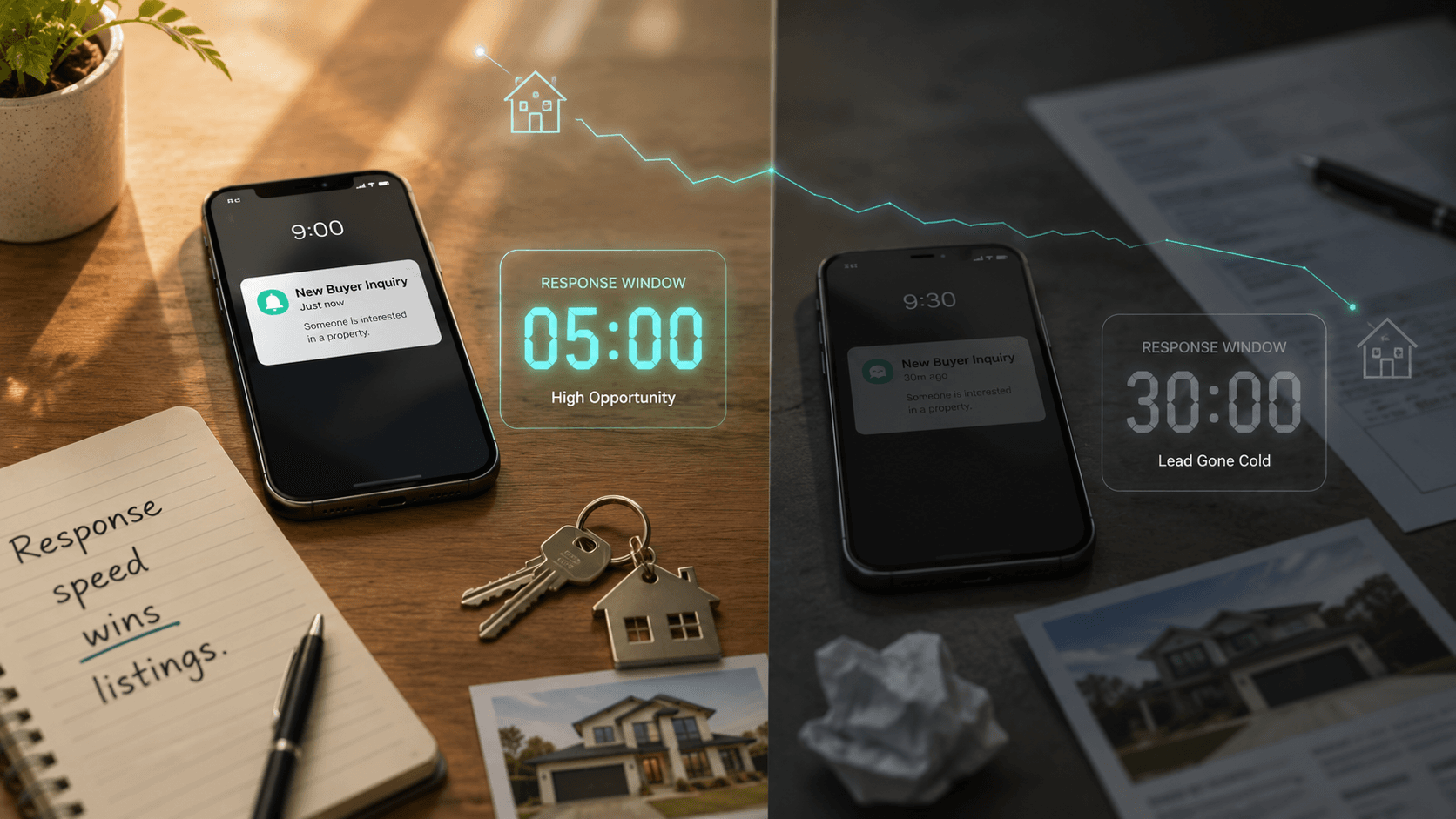 Real estate lead response time comparison: 5-minute response window labeled High Opportunity versus 30-minute delay labeled Lead Gone Cold on two phones