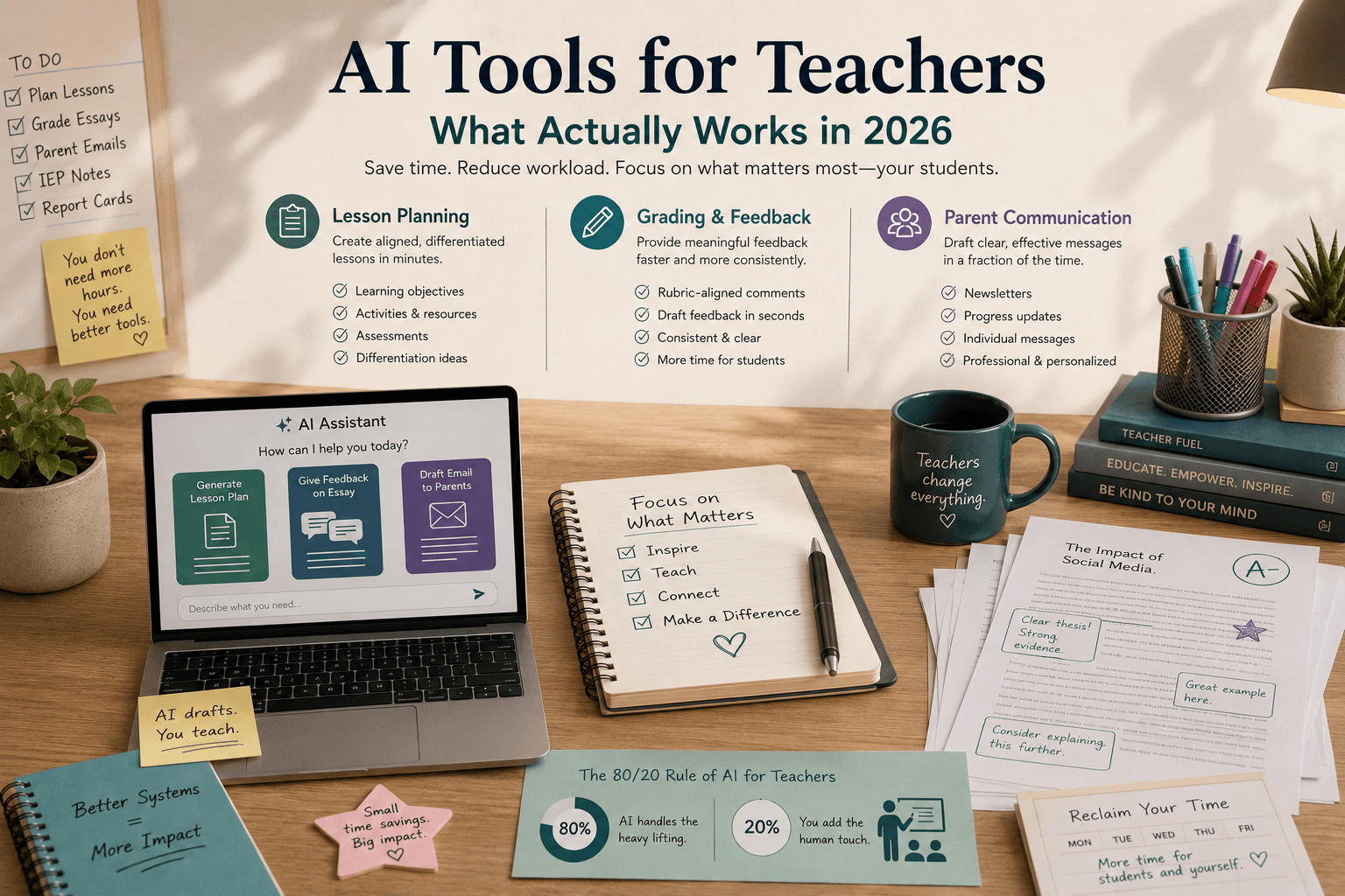 AI tools for teachers infographic covering lesson planning, grading and feedback, and parent communication with the 80/20 rule for AI in the classroom in 2026