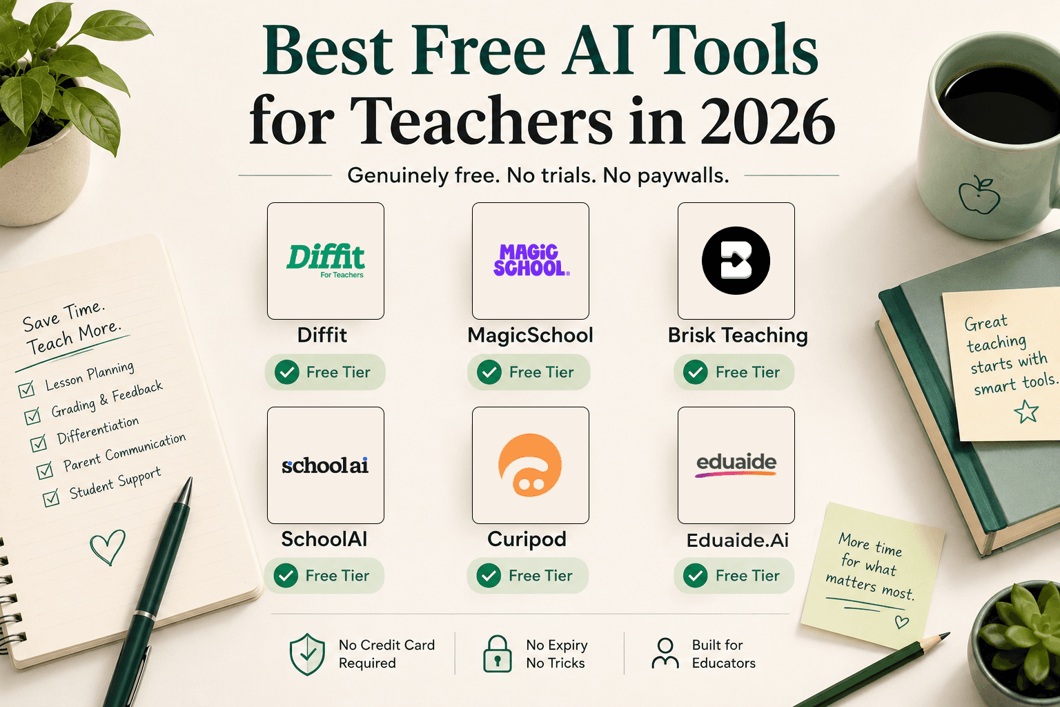 Illustration showing six free AI tools for teachers with permanent free tiers, displayed as app cards on a clean desk workspace with education-themed accessories.