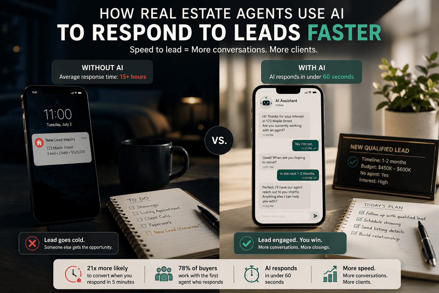 Split-screen illustration comparing slow manual real estate lead response with AI-powered instant lead qualification, showing a new inquiry notification and an AI chat assistant responding within seconds.