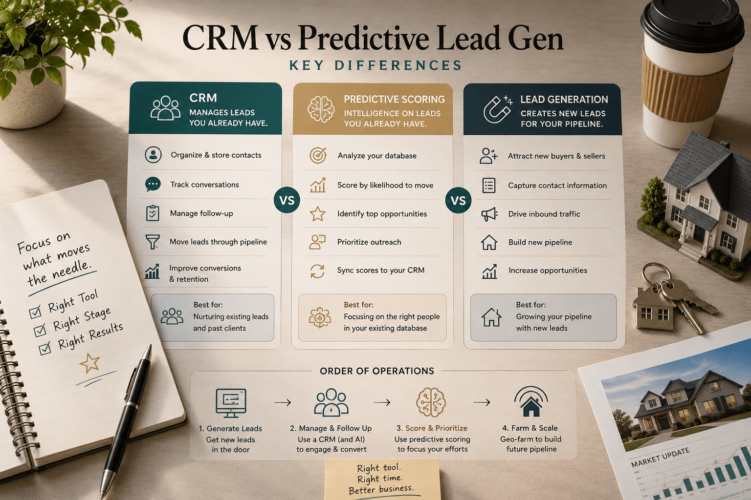 Comparison chart of real estate CRM versus predictive lead scoring versus lead generation showing key differences and order of operations for agents